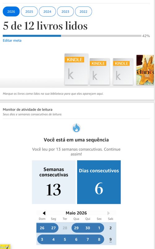 Definição de metas e sequencia de leitura no aplicativo do Kindle
